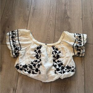 American Eagle Outfitters White Blouse with Black Embroidery